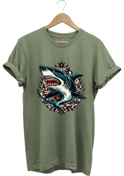 Köpek Balığı Baskılı Deniz Kum Güneş Shark Baskılı Regular Fit %100 Pamuk Tişört