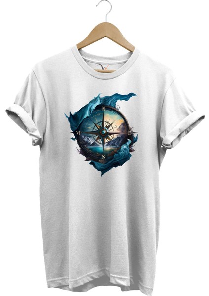 Renkli Manzara ve Pusula Baskılı %100 Pamuk Regular Fit T-Shirt