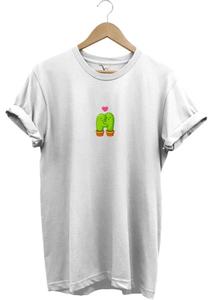 Sevimli Sevgili Kaktüs Baskılı Minimal Regular Fit %100 Pamuk T-Shirt