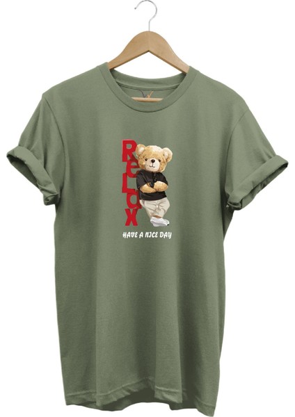 Sevimli Ayıcık Relax Ayı Tasarım Şık Baskılı %100 Pamuk Regular Fit Bisiklet Yaka T-Shirt