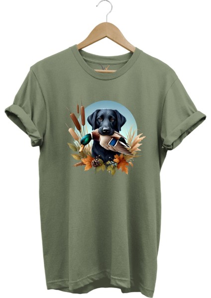 Avcılık Widi Hunting Ördek Avı ve Av Köpeği Baskılı %100 Pamuk Regular Fit Bisiklet Yaka T-Shirt