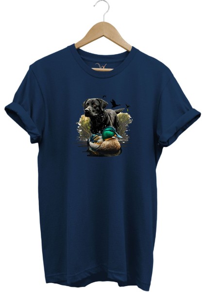 Avcılık Widi Hunting Ördek Avı ve Avcı Köpeği Baskılı %100 Pamuk Regular Fit Bisiklet Yaka T-Shirt