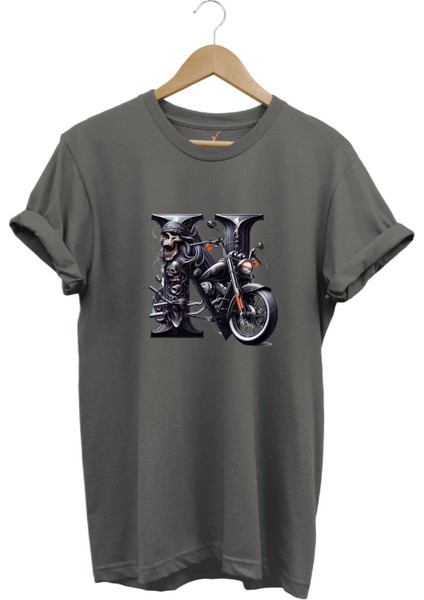 N Harfi Baskılı Motosiklet Kuru Kafa %100 Pamuk Regular Fit Bisiklet Yaka T-Shirt