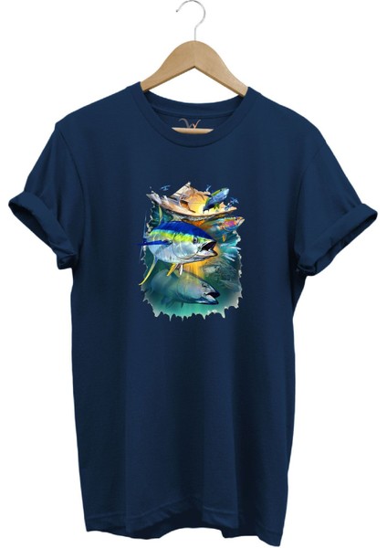 Fishing Balık Baskılı Balıkçılık %100 Pamuk Regular Fit Bisiklet Yaka T-Shirt