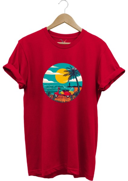 Scooter Motorsiklet Güneş Deniz Vintage Poster Baskılı %100 Pamuk Tişört