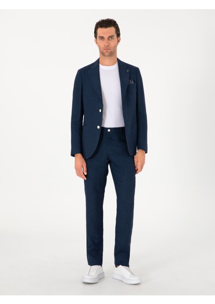 Erkek Lacivert Slim Fit %100 Keten Pantolon 50306223-VR033