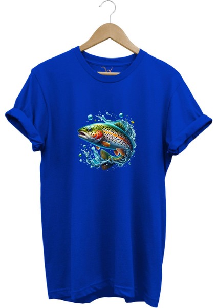 Fishing Avcılık Alabalık Balıkçılığı Baskılı %100 Pamuk Regular Fit Bisiklet Yaka T-Shirt