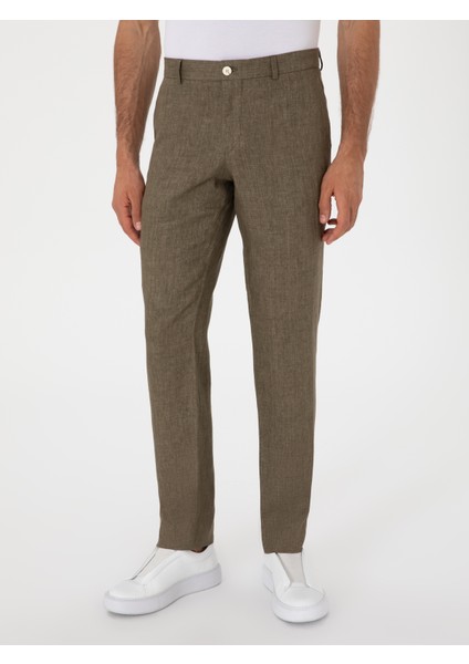 Erkek Haki Slim Fit %100 Keten Klasik Pantolon 50306223-VR027 fiyatları