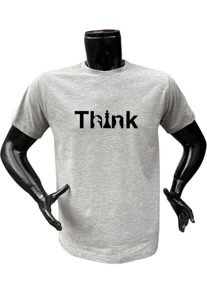 Satranç Think Yazı Baskılı At ve Kale Baskılı %100 Pamuk Regular Fit Bisiklet Yaka T-Shirt