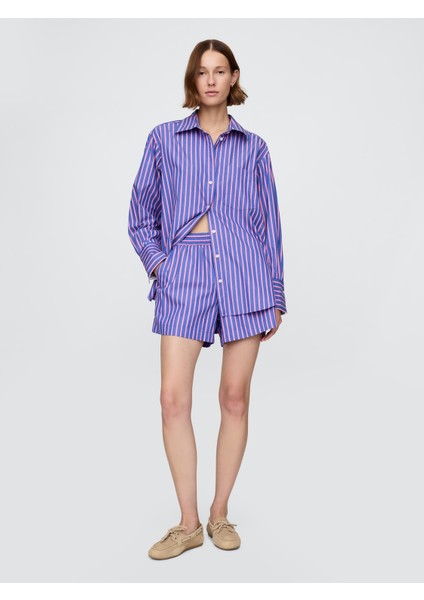 Kadın Mavi Organik Pamuk Poplin Boxer Şort