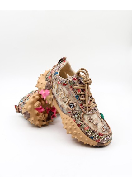 Ithal Taşlı Işlemeli Kadın Spor Ayakkabı GJ338 Bej modelleri