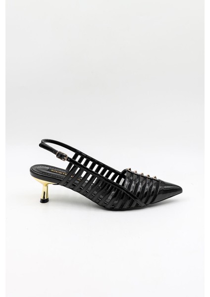 Kısa Topuk Zımba Detay Stiletto KB5031 Siyah Rugan