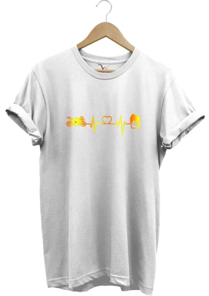 Racing Motorsiklet Kalp Ritmi ve Bira Tasarımlı %100 Pamuk Regular Fit T-Shirt