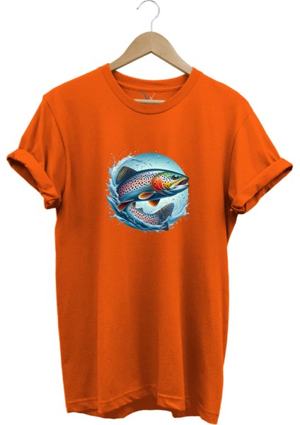 Alabalık Baskılı Balıkçılık %100 Pamuk Regular Fit Bisiklet Yaka T-Shirt