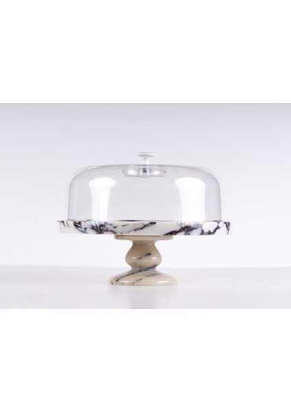 Elaria 29CM Mermer Kek Pasta Sunumluğu - Ayaklı Mermer Kek Pasta Standı - Plastik Fanus Dahil - Beyaz Mermer Veya Calacatta Viola Mermer