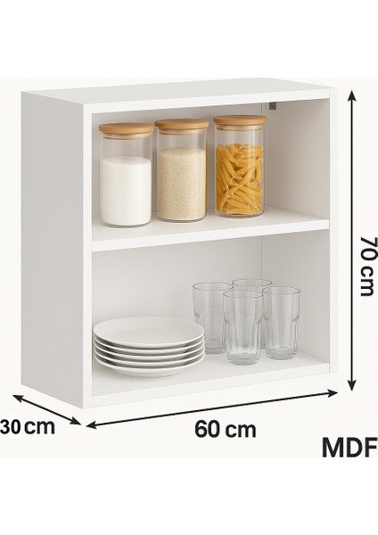 Duvara Monte Mutfak Dolabı – Kapaksız 2 Raflı Beyaz Mdf 60X70 cm