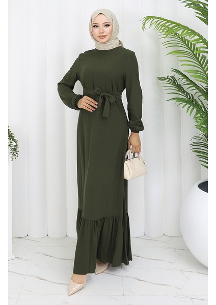 Eteği Fırfırlı Kuşaklı Elbise 4103-03 Haki fiyatları
