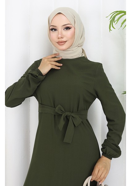 Eteği Fırfırlı Kuşaklı Elbise 4103-03 Haki modelleri