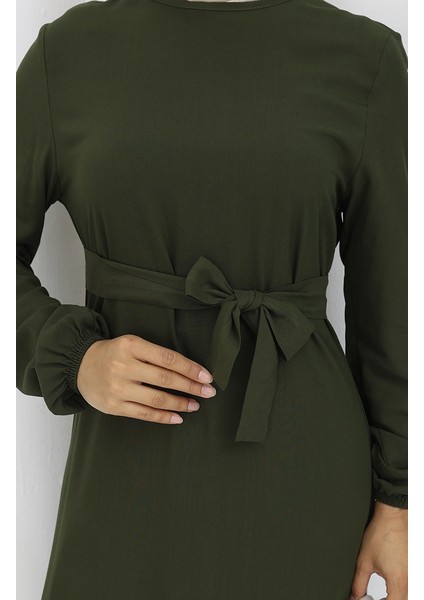 Eteği Fırfırlı Kuşaklı Elbise 4103-03 Haki fırsatları