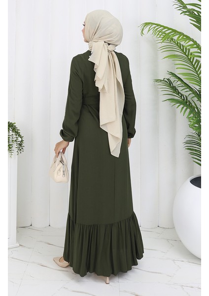 Eteği Fırfırlı Kuşaklı Elbise 4103-03 Haki indirimleri