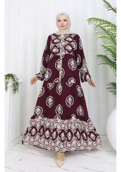 Viskon Kumaş Yarım Düğmeli Elbise 0109-02 Mürdüm