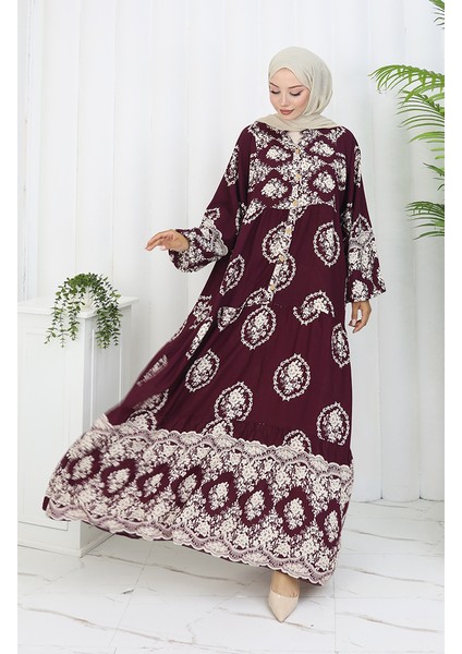 Viskon Kumaş Yarım Düğmeli Elbise 0109-02 Mürdüm fiyatları