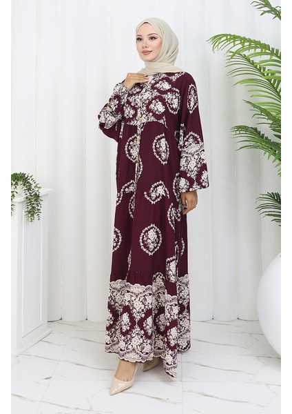 Viskon Kumaş Yarım Düğmeli Elbise 0109-02 Mürdüm modelleri