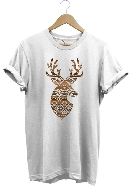 Avcılık Mozaik Desenli Geyik Tasarım Baskılı %100 Pamuk Regular Fit Bisiklet Yaka Premium T-Shirt