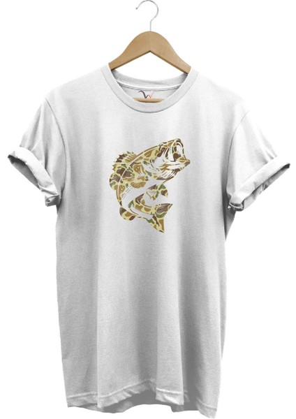 Fishing Balık Avı Kamuflaj Desenli Balık Baskılı %100 Pamuk Regular Fit T-Shirt