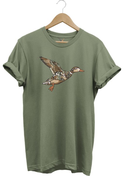 Avcılık Ördek Avı Baskılı Kamuflaj Desenli Ördek Tasarımlı %100 Pamuk Regular Fit T-Shirt