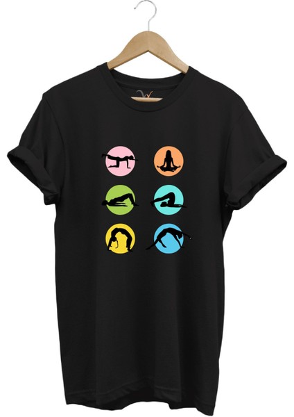 Yoga Meditasyon Hareketleri Baskılı %100 Pamuk Regular Fit Bisiklet Yaka T-Shirt