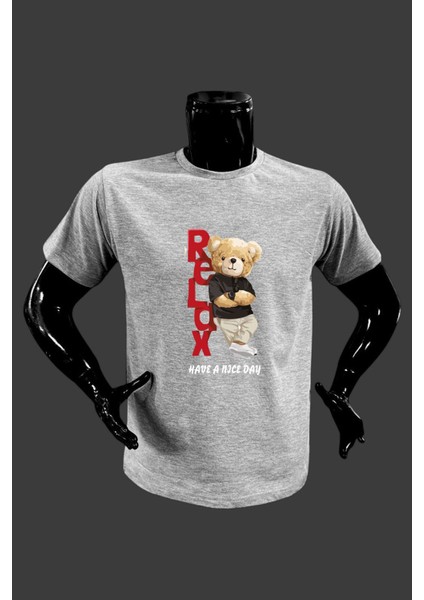Ayıcık Relax Ayı Tasarım Şık Baskılı %100 Pamuk Regular Fit Bisiklet Yaka T-Shirt