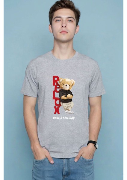 Ayıcık Relax Ayı Tasarım Şık Baskılı %100 Pamuk Regular Fit Bisiklet Yaka T-Shirt fiyatları