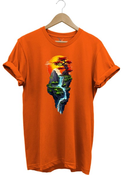 Manzara Ağaç Güneş Dağ ve Nehir Baskılı %100 Pamuk Regular Fit Bisiklet Yaka T-Shirt