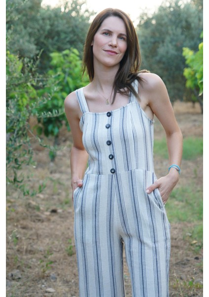 El Dokuması Çizgili Tulum Keten-Pamuk - Naturel fırsatları