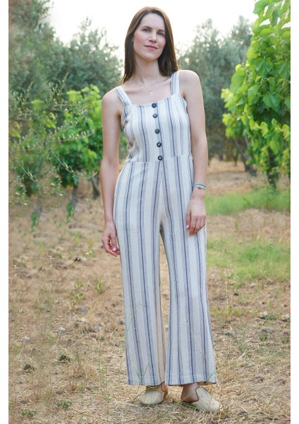 El Dokuması Çizgili Tulum Keten-Pamuk - Naturel fiyatları