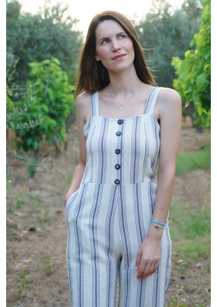 El Dokuması Çizgili Tulum Keten-Pamuk - Naturel modelleri