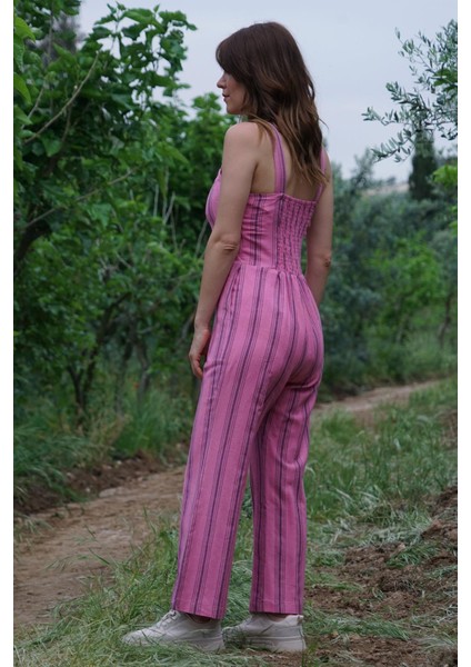 El Dokuması Çizgili Tulum Keten-Pamuk - Pembe fırsatları