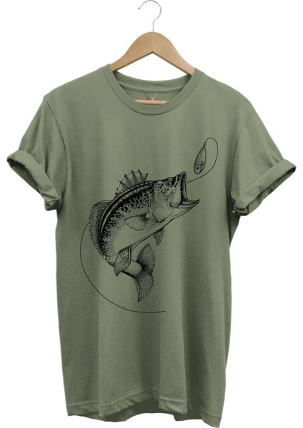 Fishing Balıkçılık Baskılı Yem Balıkçılığı Olta %100 Pamuk Bisiklet Yaka T-Shirt