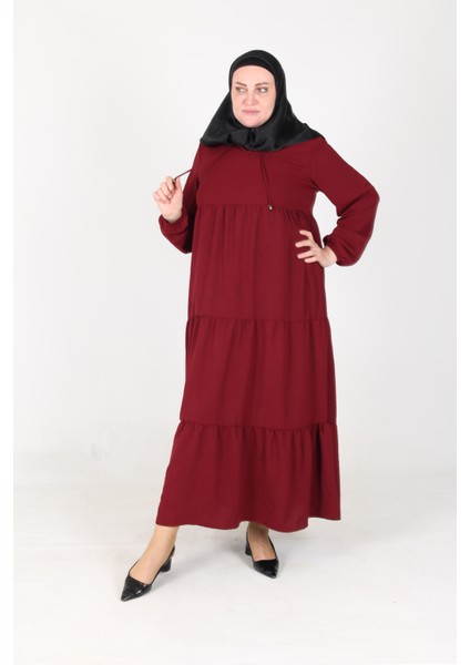 Inci Ayrobin Farbalı Kolları Lastikli Elbise 4909-01 Bordo