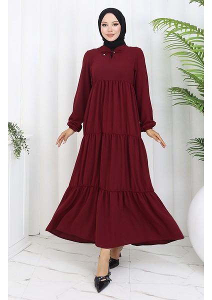 Inci Ayrobin Farbalı Kolları Lastikli Elbise 4909-01 Bordo fiyatları