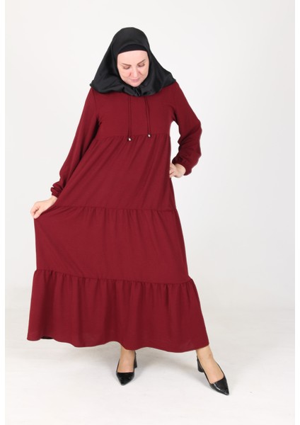 Inci Ayrobin Farbalı Kolları Lastikli Elbise 4909-01 Bordo modelleri