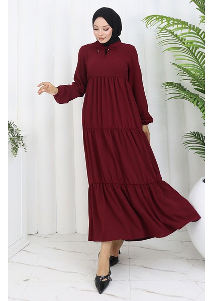 Inci Ayrobin Farbalı Kolları Lastikli Elbise 4909-01 Bordo fırsatları