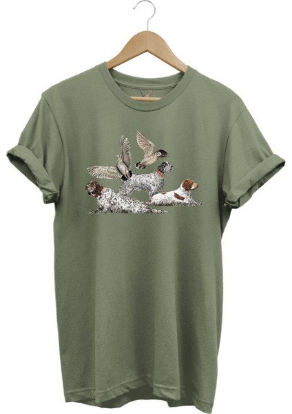 Avcılık Hunting Fermalı English Setter ve Çulluk Baskılı %100 Pamuk Regular Fit T-Shirt