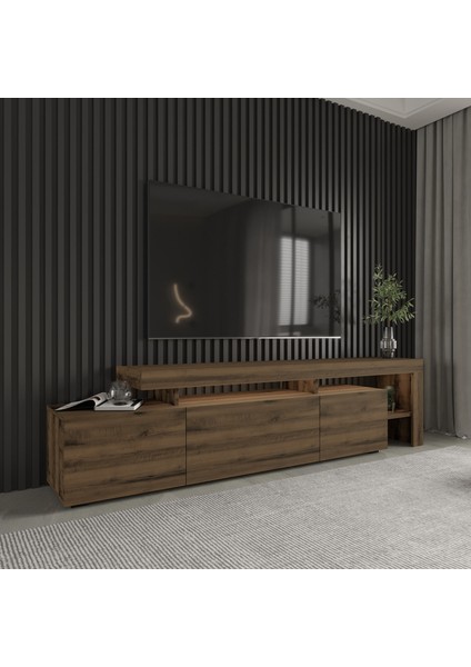 Beliz LED Işıklı 3 Kapaklı, Tv Sehpası, Raflı, Antik Ceviz
