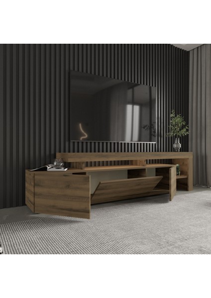 Beliz LED Işıklı 3 Kapaklı, Tv Sehpası, Raflı, Antik Ceviz modelleri