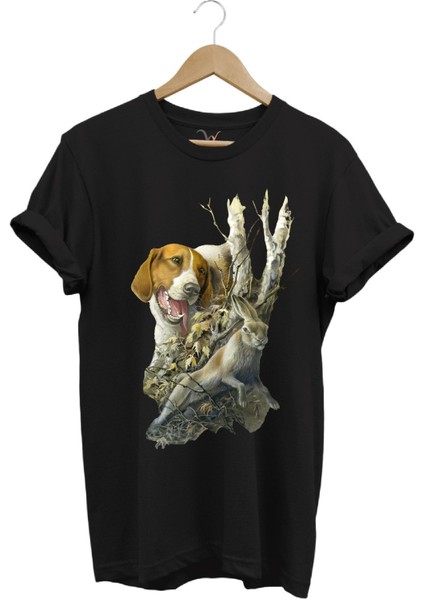 Avcılık Avcı Köpeği ve Tavşan Baskılı Orman Temalı Pamuk Regular Fit T-Shirt