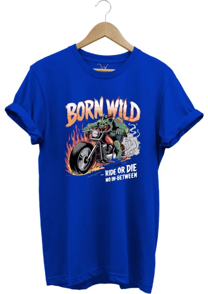 Motorsiklet Born Wild Ride Or Die Baskılı Kuru Kafa %100 Pamuk Regular Fit Bisiklet Yaka T-Shirt
