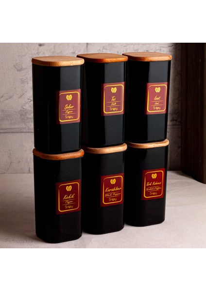 Boxy Siyah - 6'lı Ahşap Vakumlu Kapaklı Etiketli Baharatlık Takımı 350 ml - Erzak Saklama Kabı Seti