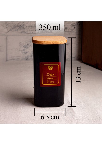 Boxy Siyah - 6'lı Ahşap Vakumlu Kapaklı Etiketli Baharatlık Takımı 350 ml - Erzak Saklama Kabı Seti